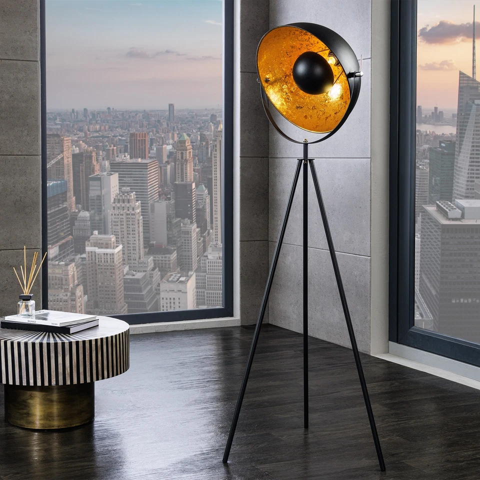 Industrial Stehlampe STUDIO 150cm schwarz Blattgold-Optik neigbarer Schirm