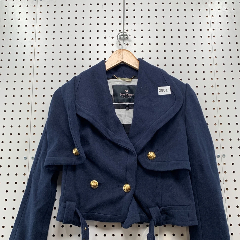 Juicy Couture Cropped Wool Belted Jacket Womens XS Navy Blue 18.5x19 - Image 2 of 4