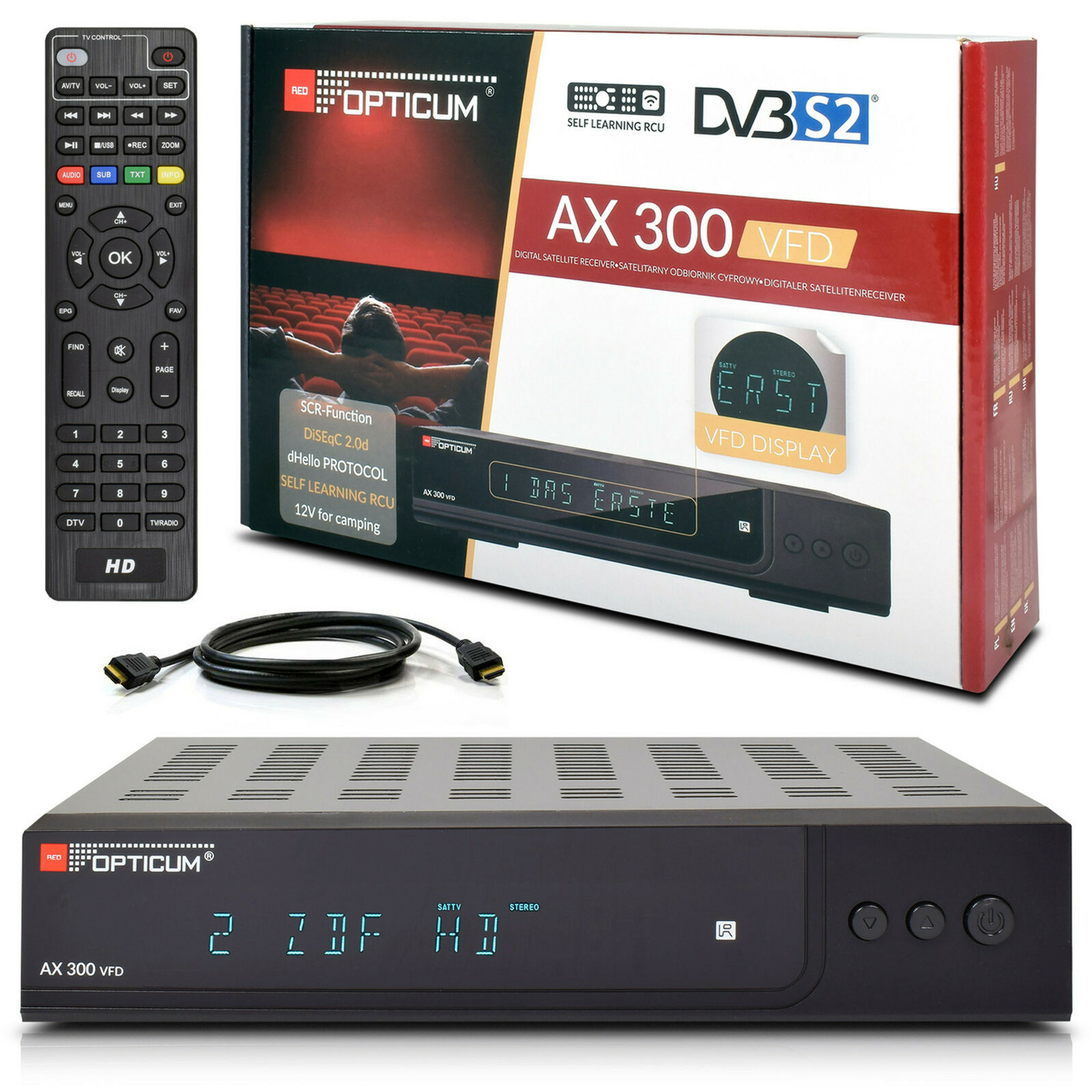 Opticum Ax 300 Vfd Hd Digital Hdtv Sat Receiver + Hdmi Kabel Dvb-s2