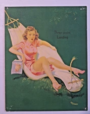 Vintage 1940's Art Frahm Pinup Litho THREE-POINT LANDING Blonde in Hammock A355