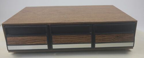 Vintage Cassette Tape Storage Holder 3 Drawers Faux Wood Grain Cabinet 42 Tapes - Afbeelding 1 van 18