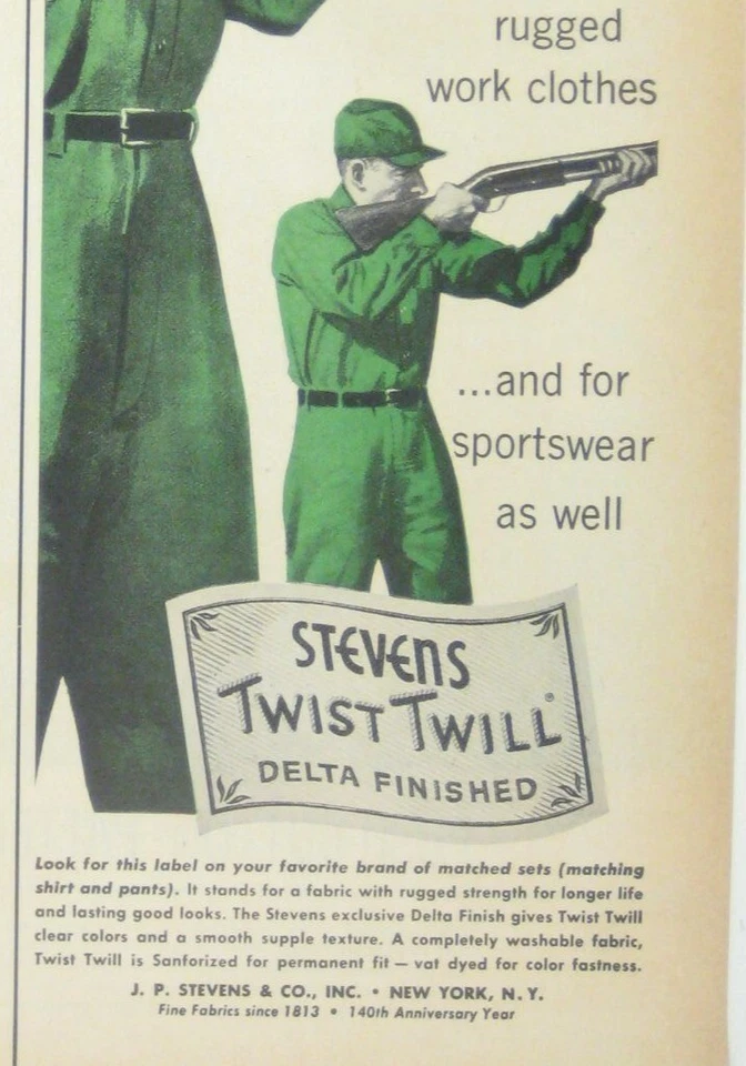 Stevens Twist Twill Delta Finished Rugged Work Clothes Ad Print Sportwear 1953 Foto 2 de 2