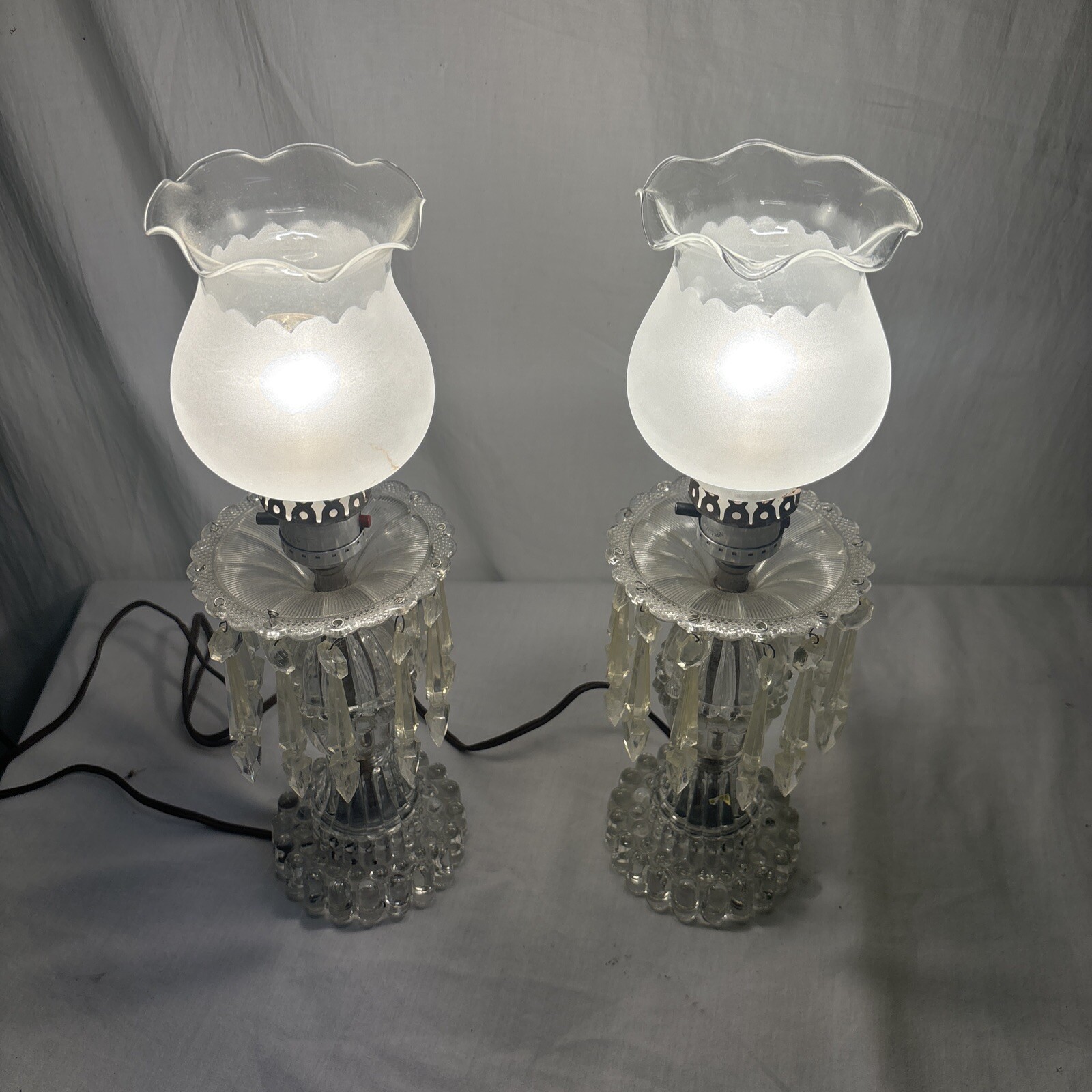 2 VTG MCM Hollywood Regency Boudoir Table Lamps Glass Metal Lucite Prisms A Pair