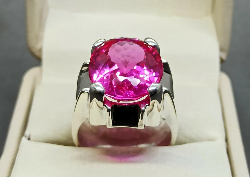 Anillo grande de topacio rosa de 24 quilates corte ovalado de plata de ley 925 hecho a mano de topacio rosa para hombre Foto 3 de 4