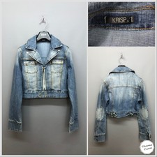 Krisp Women’s Cropped Blue Stone Faded Denim Biker Jacket Size Small