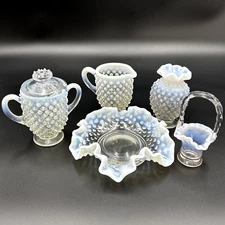 Vintage Fenton Opalescent Moonstone Bud Vase, Ruffle Edge, Creamer/Sugar, Plate