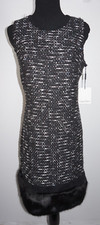 Calvin Klein Black Tweed Faux Fur Trim Hemline Sheath Dress Sz 4 Sleeveless