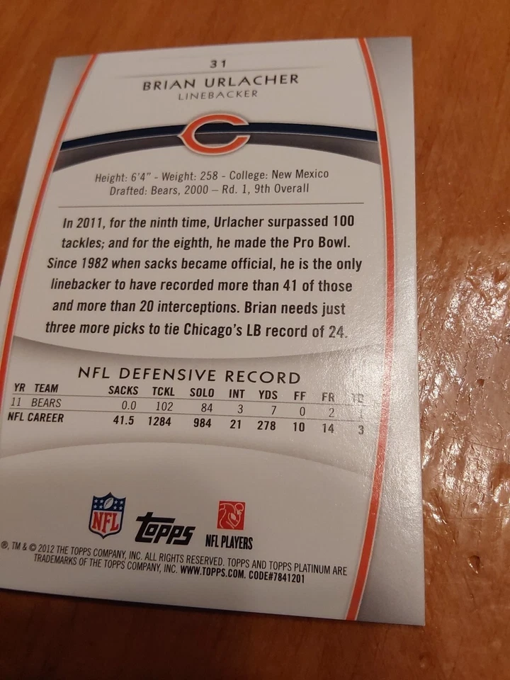 2012 Topps Platinum Foil Halo Brian Urlacher #31 - Image 2 of 2