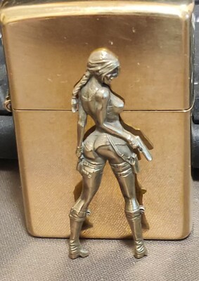 1 piece Brass Sexy Gun wielding girl sticker DIY lighter decoration accessories