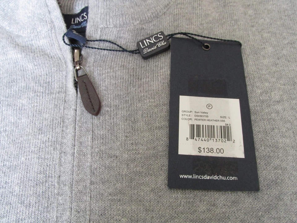 New Lincs David Chu LS 1/2 Zip Golf Sweater Men's Large Grey and White $138 - Image 3 of 4