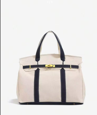 Large Canvas Tote Handbag Satchel Shoulder Bag Gold Turn Lock Travel Shopper