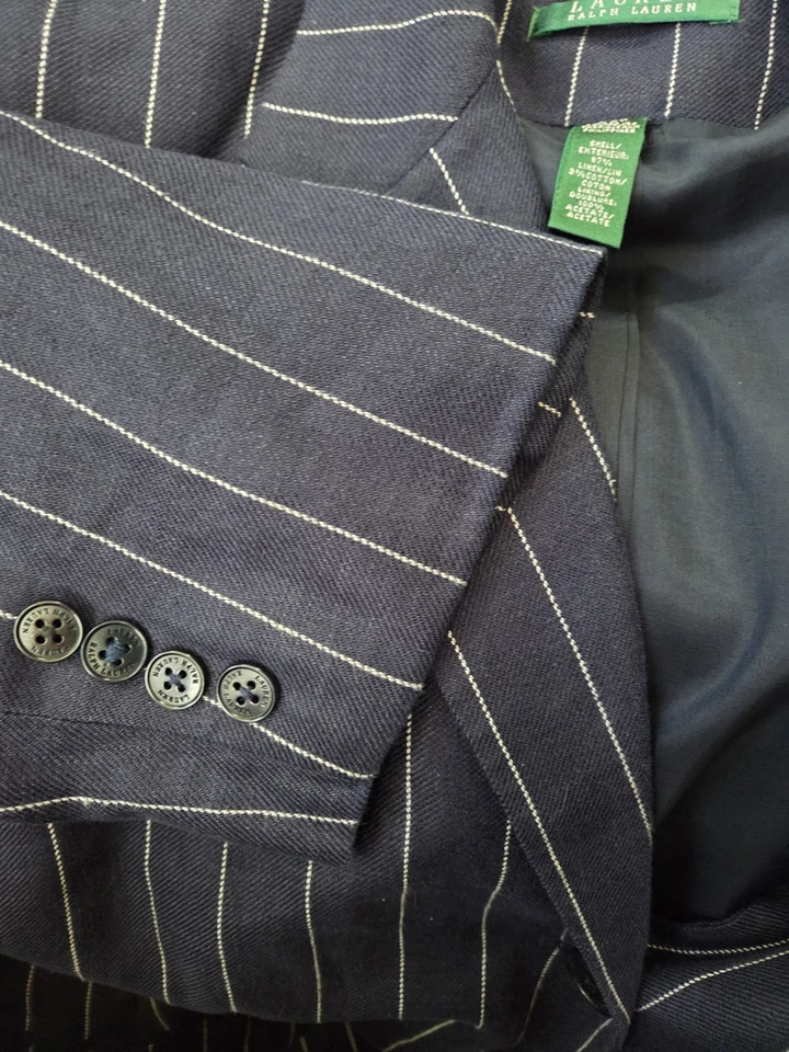 Jaqueta Blazer Feminina RALPH LAUREN 20W Linho Mistura de Algodão Azul com Listras Brancas - Imagem 4 de 4