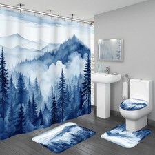 4 PCS Navy Blue Misty Forest Shower Curtain Rug Set Mountain Nature Woodland
