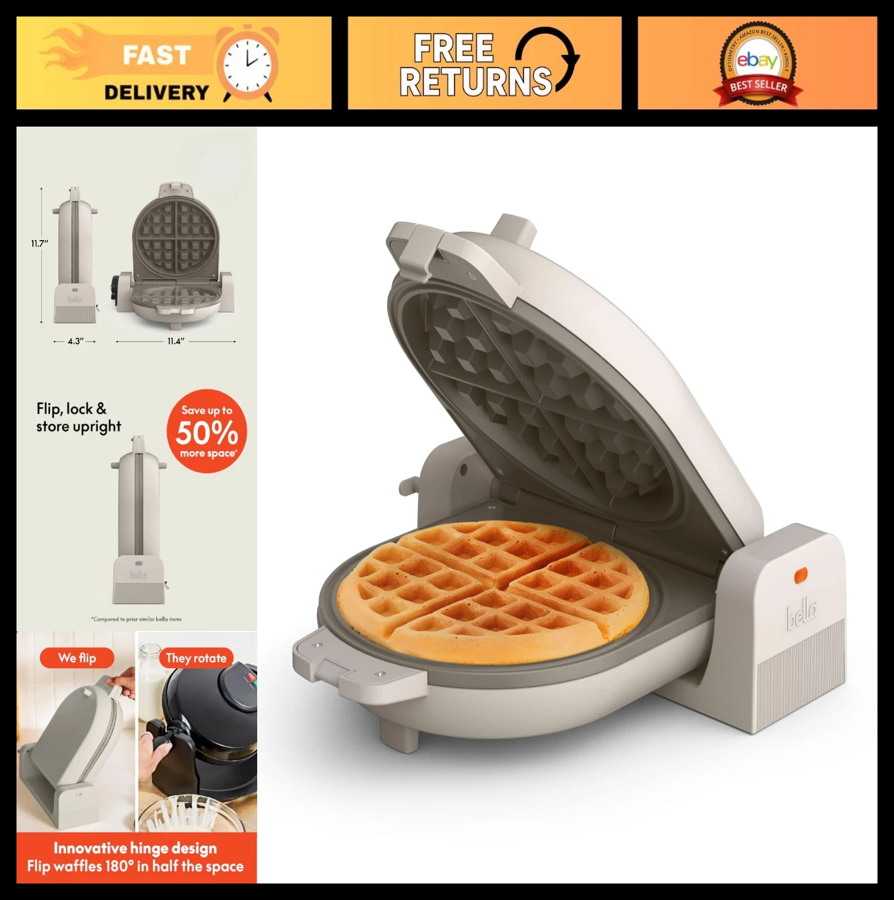 Compact Waffle Maker with Nonstick Ceramic Coating, Power Indicator & Cool Touch