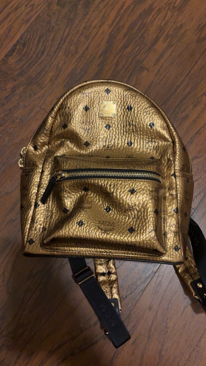 MCM Metallic Gold Monogram Mini Backpack Zip Closure Front Pocket Black Straps
