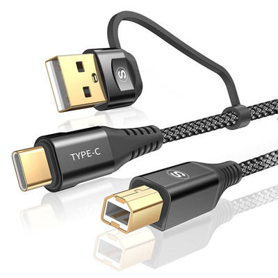 Printer Cable 2-In-1 USB-A/C to USB-B Cord 6.6FT, Type C MIDI Cable Braided High