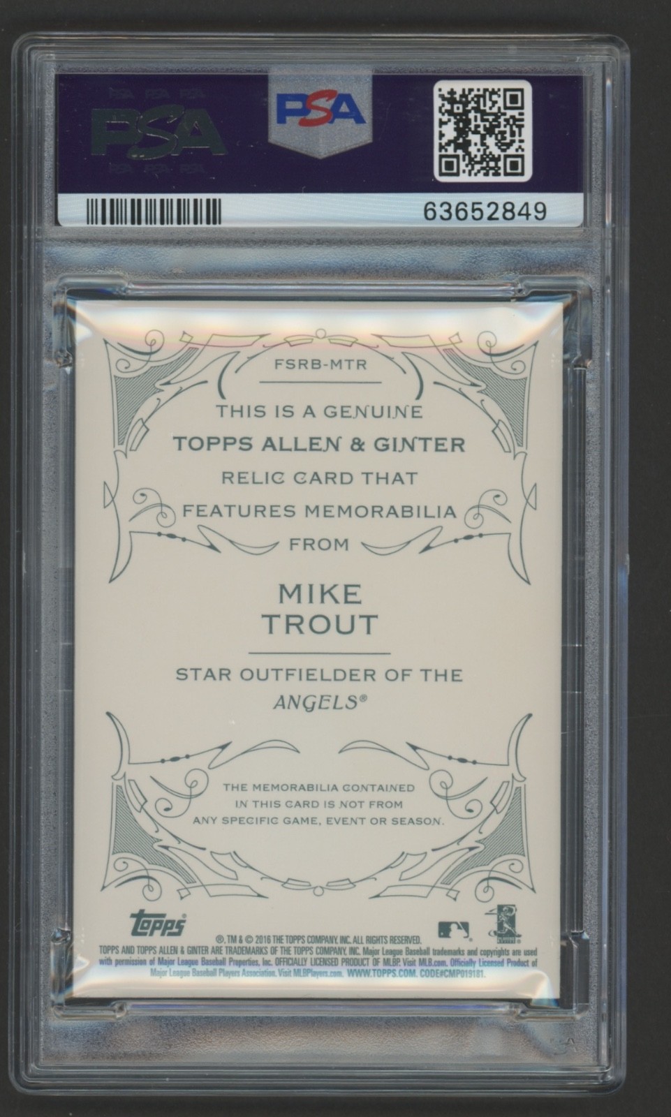 2016 Topps A & G #MTR MIKE TROUT Autograph Relic PSA 9/10 "One of a KIND" view 2