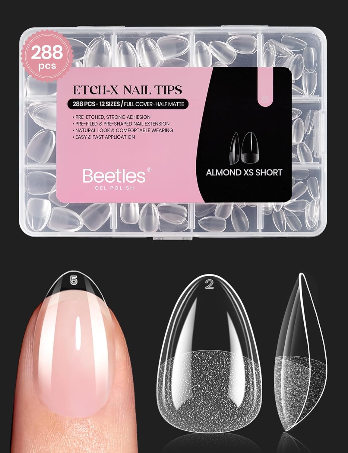 Beetles Extra Short Almond Nail Tips, 12 Sizes 288 PCS Pre-Shaped Clear Full Cov