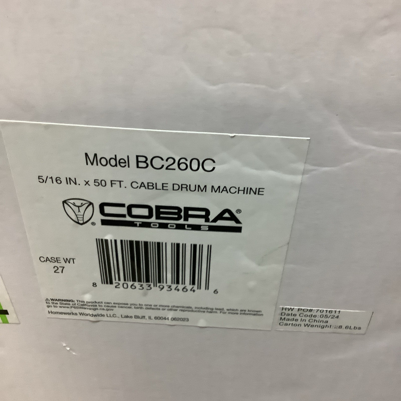Cobra 5/16 in X 50 ft Cable Drum Machine For Drain Cleaning Model BC260C
