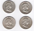 Qty 4 Ben Franklin Silver Half Dollars 90% Silver all AU 1957, 1962 x2, 1963