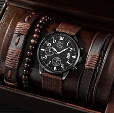 Geneva Men's Analog Wristwatch Set Date Indicator Black Dial Brown Black Straps