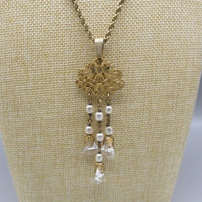 Vintage Miriam Haskell Necklace Pendant Dangles Layered Glass Simulated Pearl 