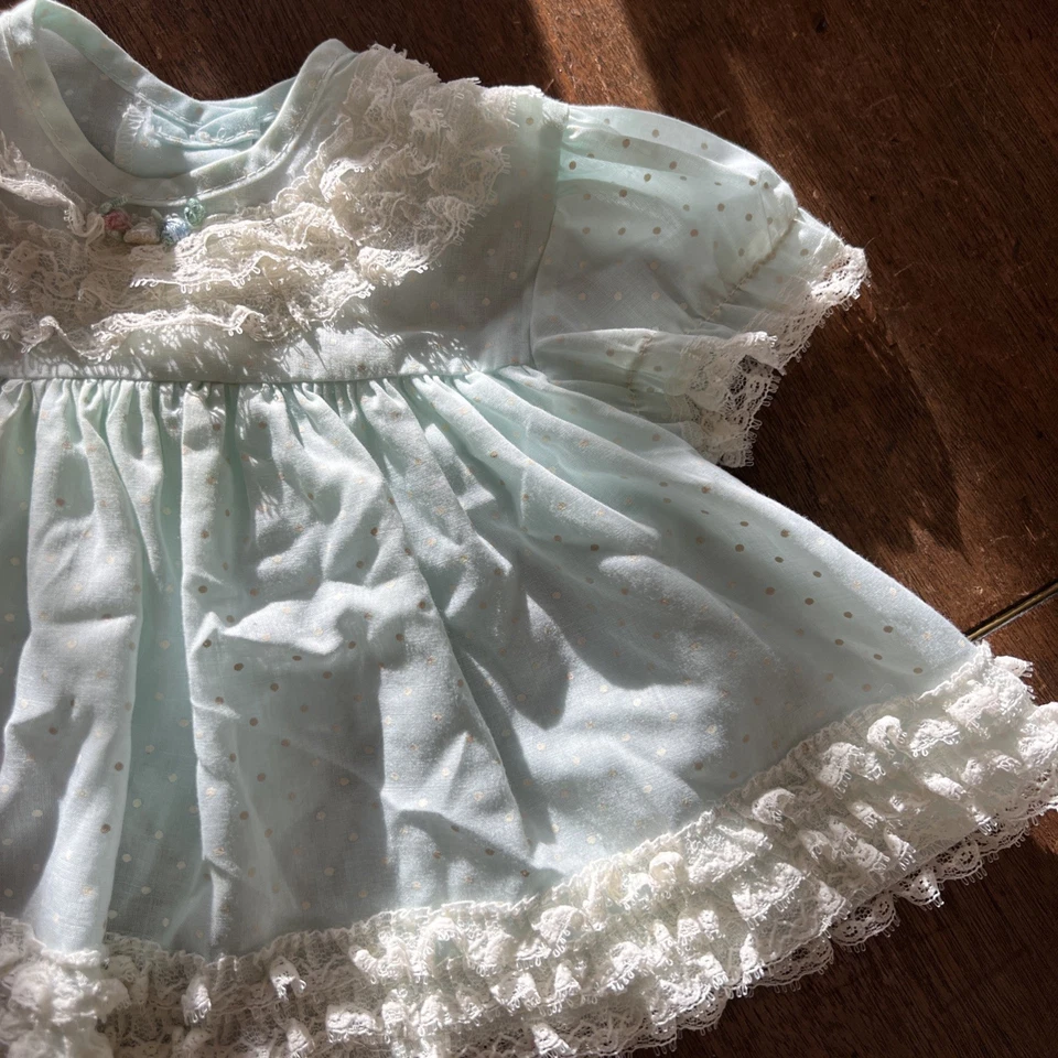 Vintage Sears Newborn Baby Girl Baby Blue Polka Dot Dress W Lace - Image 3 of 4