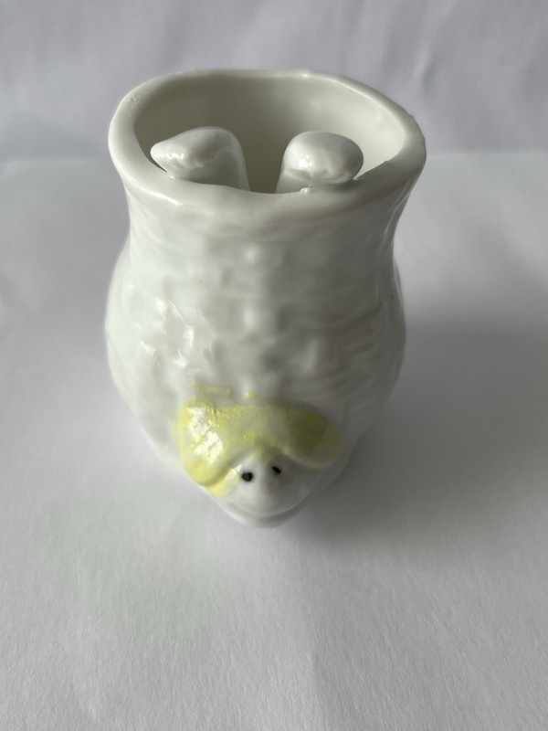 Vintage Bisque Novelty Vessel of Man Upside Down In Basket. Toothpicks Holder 2”