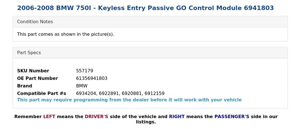2006-2008 BMW 750I - бесключевой вход пассивный модуль управления GO 6941803 - Изображение 3 из 4