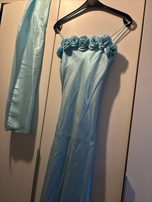 Abschluss Ball Abi Abtanzball Abendkleid Hellblau Türkis Rosen  Stola 34 36 38