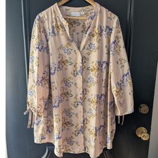 Joan Rivers Floral 3/4 Tie Sleeve Button Front Tunic Blush Pink Lavender Sz 22W