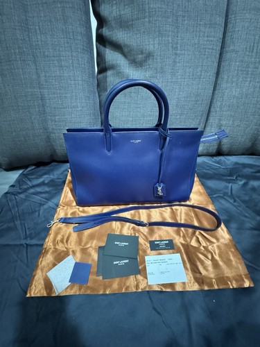 ❤️YSL Saint Laurent Cabas Rive Gauche Blue Grained Leather 2-way Bag Purse ❤️