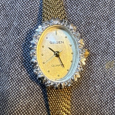 Gruen Precision Watch Women 15mm Gold Dial Gold Hexagon Diamond Bezel