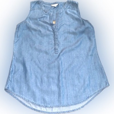 Crown & Ivy Womens Top Sz Small Sleeveless Lyocell Chambray Cut Out Upper Back 