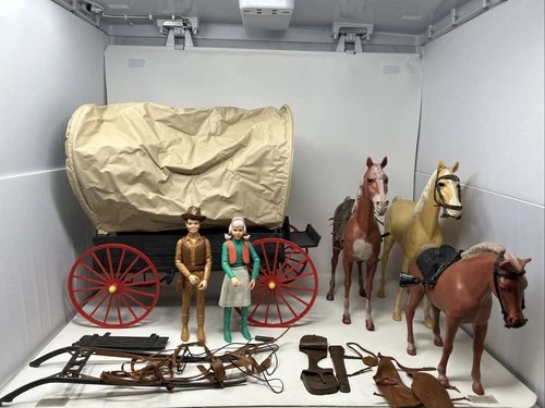 Vintage Lot Of MARX Johnny West Figures, Covered Wagon And 3 Horses