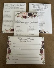 NEW- Bridal Shower Game Cards Set of 4 - Floral Pink & Burgundy