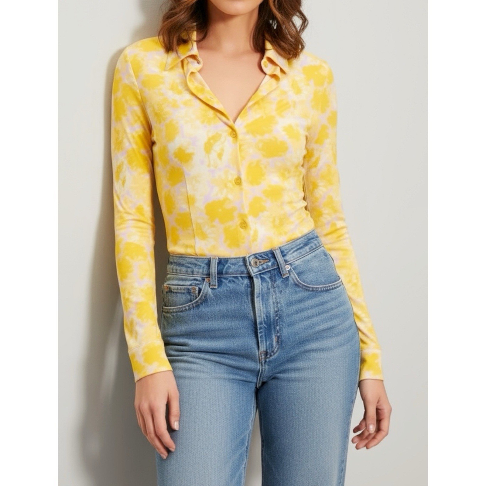 NWT ROUJE PARIS Palmyra Long Sleeve Shirt, Yellow Watercolor Peony, FR44/US12