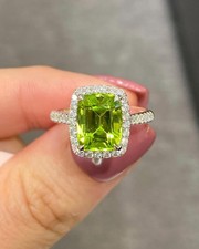 Cushion Cut Natural Peridot 14K White Gold Plated Silver Vintage Wedding Ring