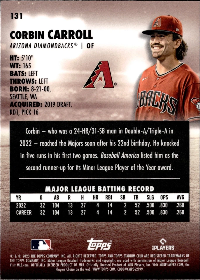 2023 Topps Stadium Club - Chrome Corbin Carroll #131 Gold Minted Refractor (RC) - Image 2 of 2