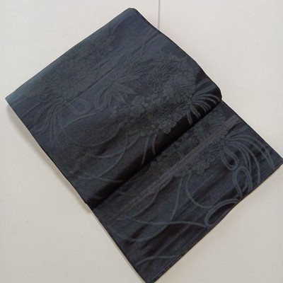 Black Silk Fukuro Obi Floral Double-Sided Full Length Used