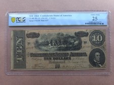 T-68 $10 Confederate 1864 CSA Note Genuine Civil War Money PCGS Very Fine 25