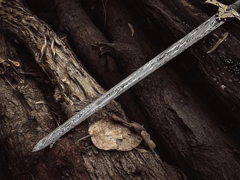 Espada Caballero Templario | Hoja de Acero Damasco Hecha a Mano de 28 pulgadas | Espada Medieval Foto 4 de 4