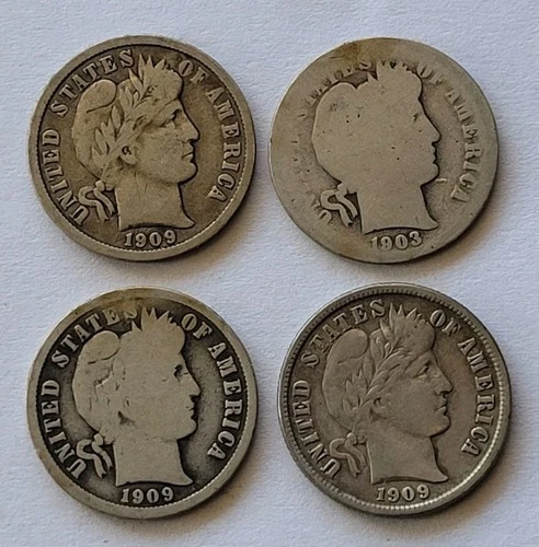Lot Of Four Silver Barber Dimes, 1903 and 1909