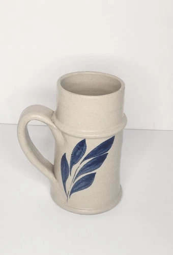 Vintage Williamsburg Pottery Mug Tall Cobalt Blue Leaf Salt Glazed Hand Thrown
