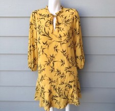 Mango Basics Yellow Long Sleeved Floral Leaf Dress, Small