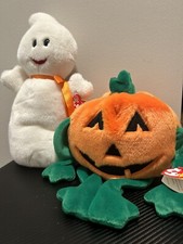 TY Plush Halloween Pumpkin  Pumkin  1999   Spooky  Ghost 2001 Beanie BabiesNWT