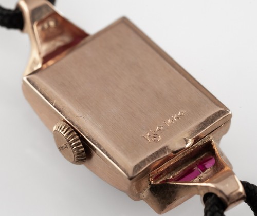 Gruen 14k Rose Gold Precision Watch w/ Ruby and Aftermarket Cord Strap - Picture 7 of 7