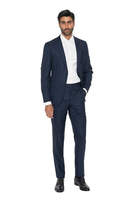 $5600 ISAIA NAPOLI Blue Hand-Sewn Striped Suit Fine Wool 36 US