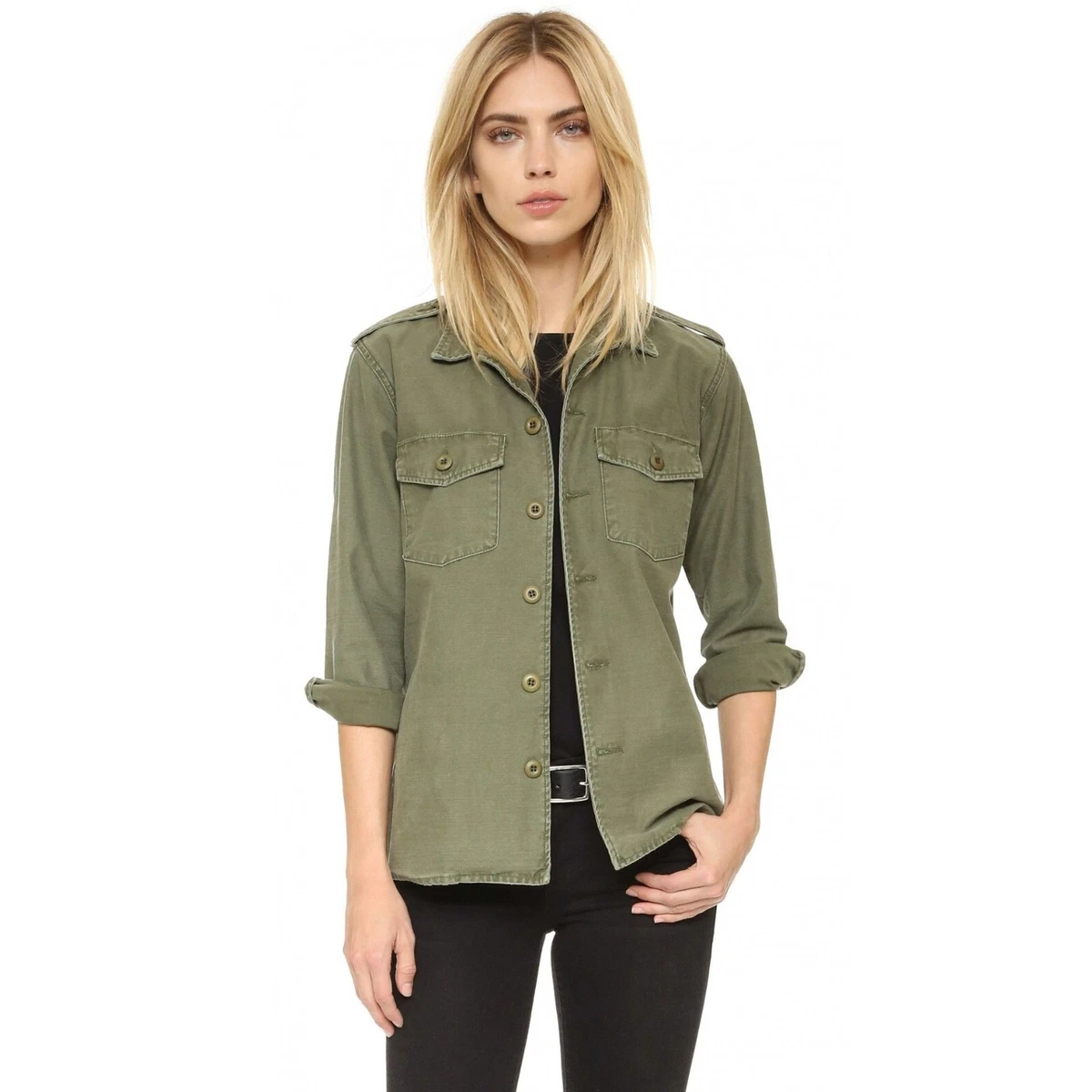 Kate Moss Equipment Womens Major Shirt Jacket S Shacket Army Olive Green Canvas