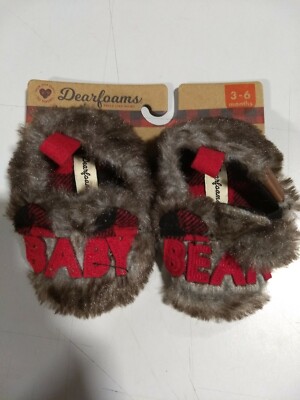 BRAND NEW Baby Dearfoams Baby Bear Faux Fur Closed Back Slippers 3-6 Months